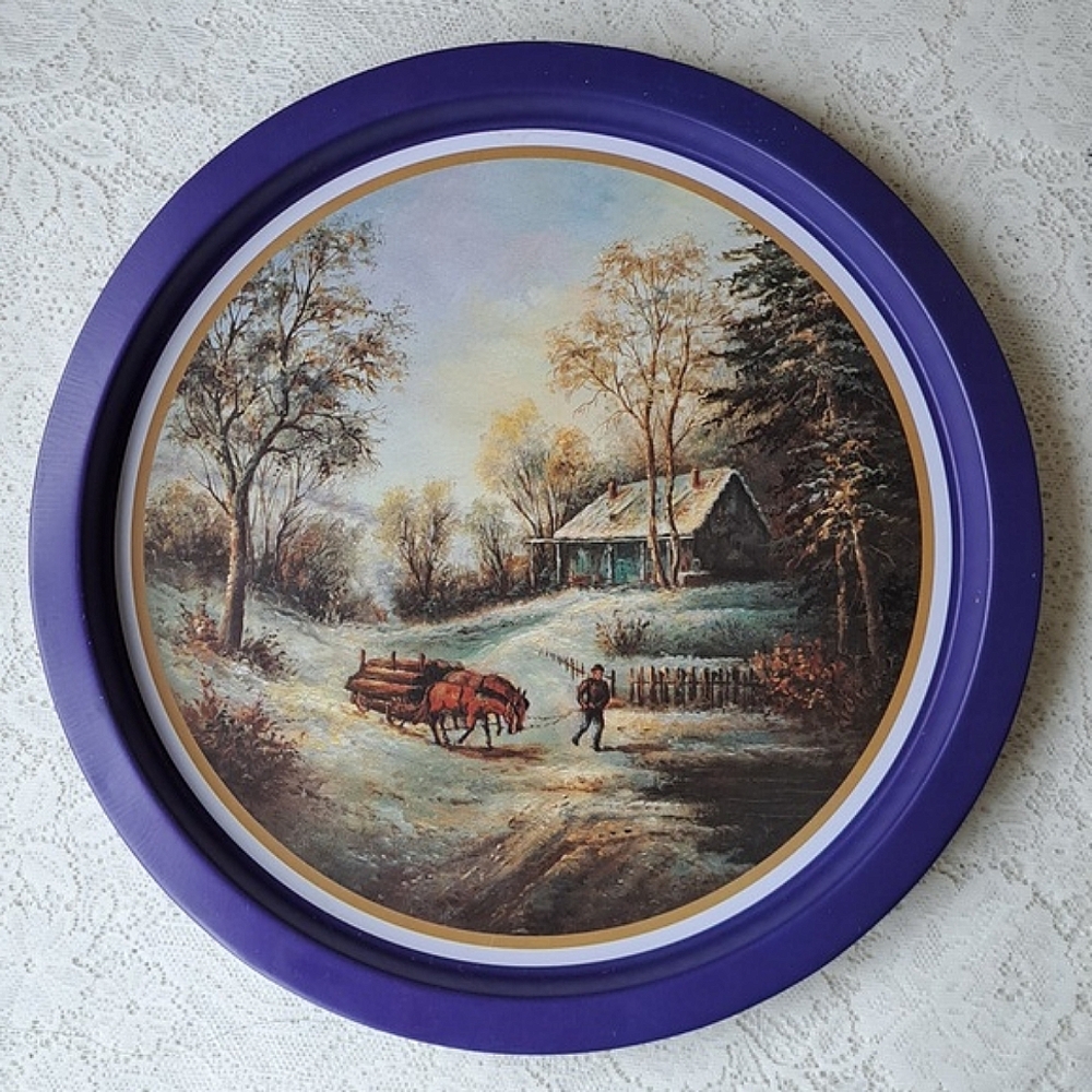 Vintage Currier & Ives Large Round Serving Tin Tray Winter Cabin and Horses 10"